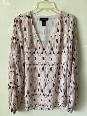 White House Black Market Multicolor Geometric V-NeckBlouse with Sequin Accents.